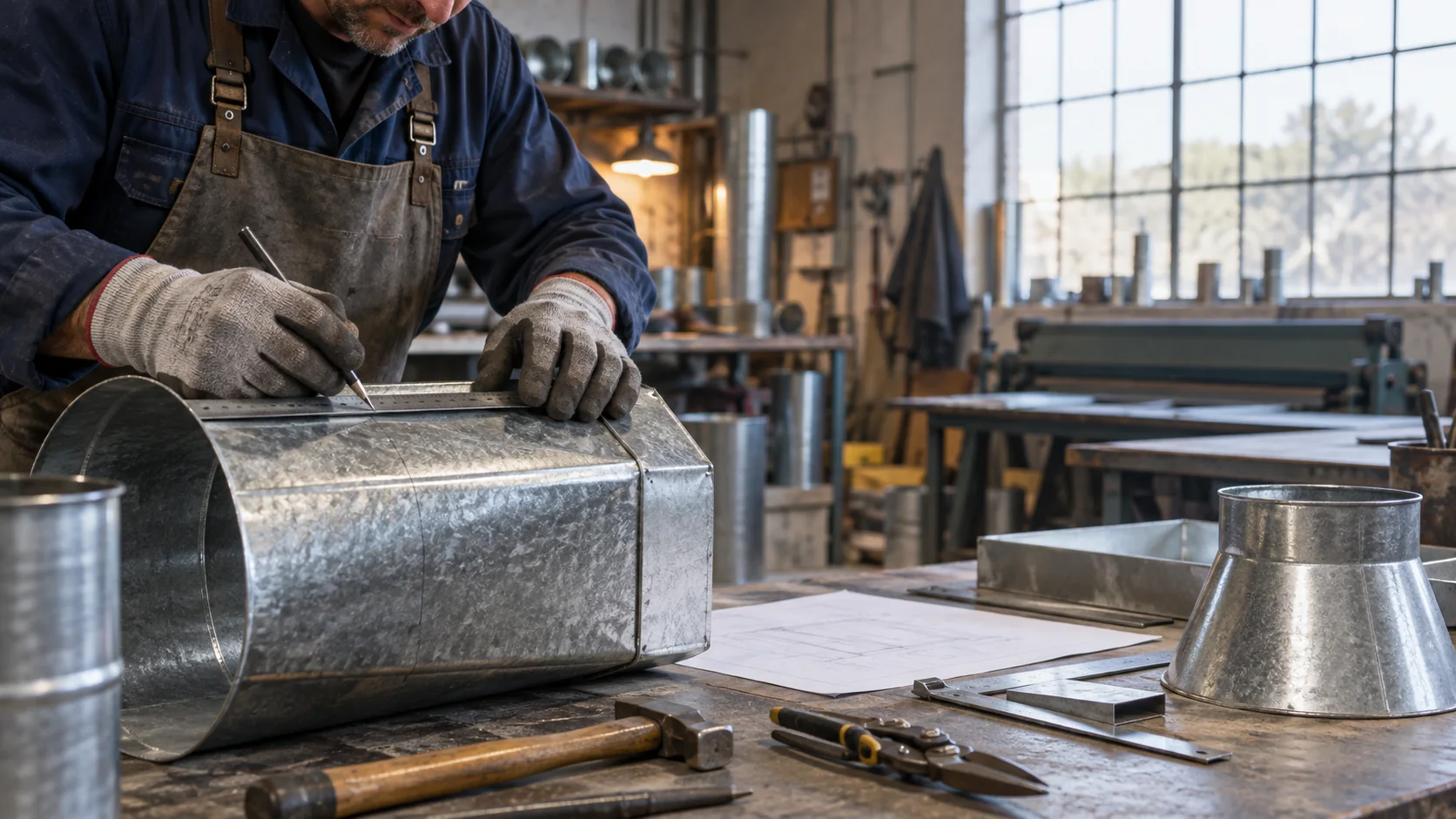 Un artisan prépare une pièce de ventilation en atelier