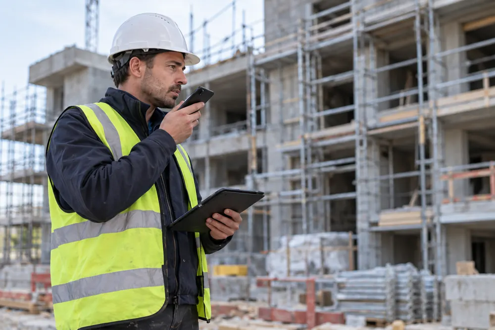 Un chef de chantier en gilet jaune dicte un message sur son téléphone, une tablette à la main, devant un bâtiment en construction