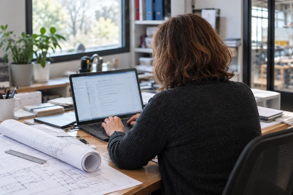 Une collaboratrice de dos trie sa messagerie sur un ordinateur portable, des plans roulés posés sur le bureau