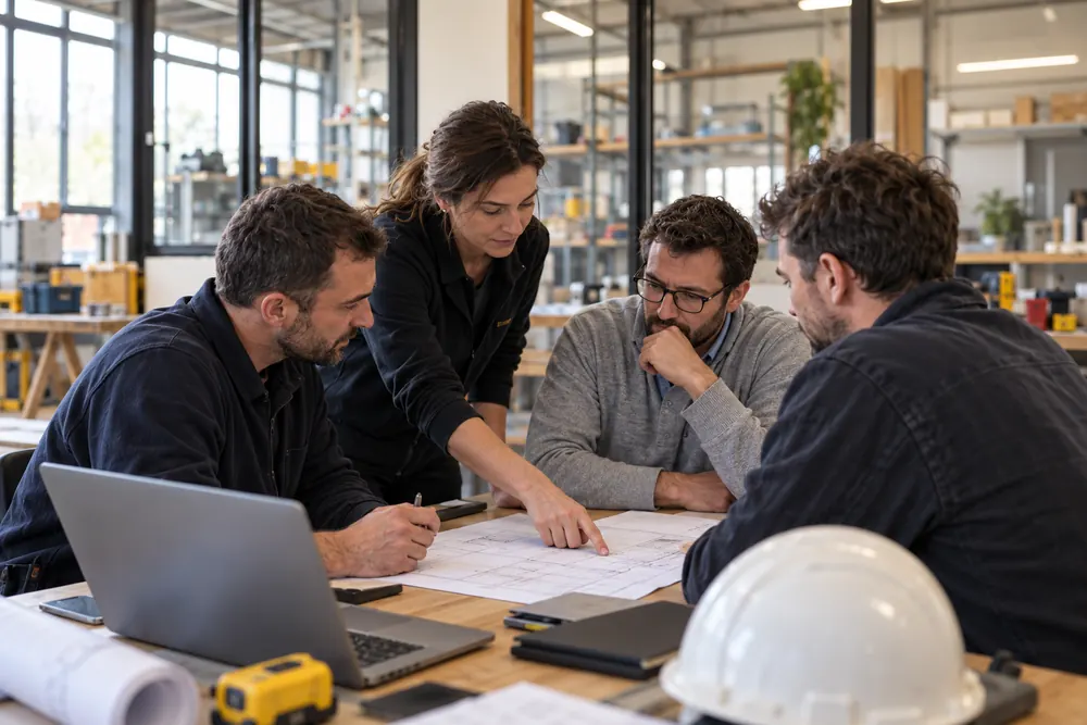 Quatre collègues autour d’une table de réunion étudient ensemble un plan imprimé, dans un bureau ouvert sur l’atelier