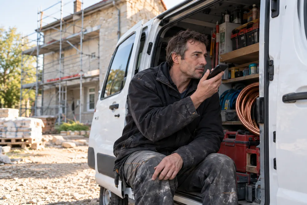 Un plombier assis à l’ouverture de sa camionnette dicte un message vocal sur son téléphone, devant une maison en rénovation