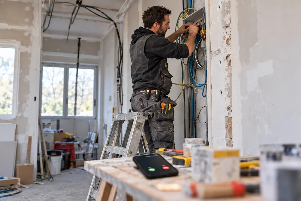 Un électricien sur un escabeau travaille sur un tableau électrique pendant qu’un appel arrive sur son téléphone posé sur un tréteau