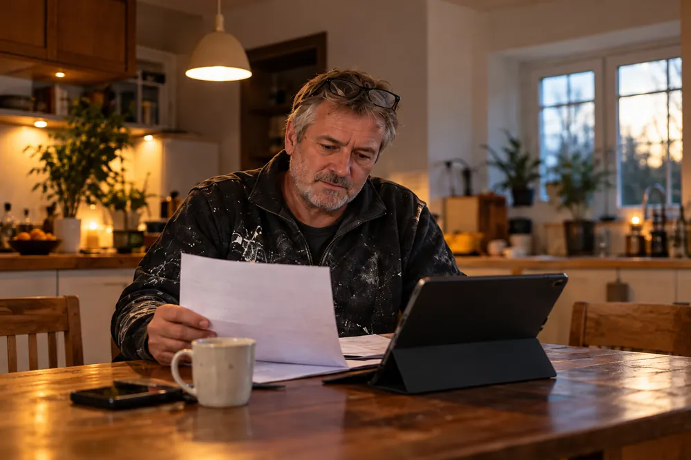 Un artisan peintre relit un devis imprimé et une tablette à la table de sa cuisine, en soirée