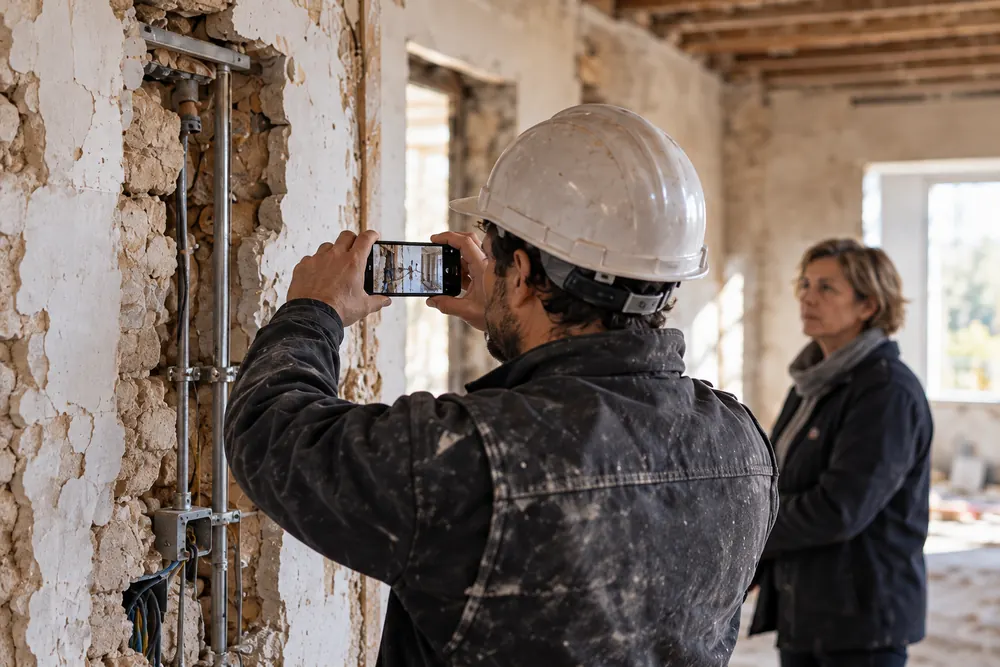Un maçon casqué photographie avec son téléphone un mur ouvert sur un chantier de rénovation, en présence d’une cliente