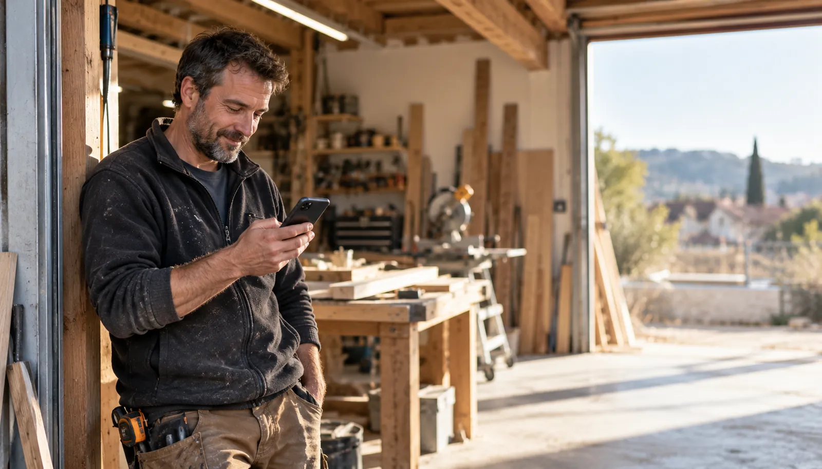 Un menuisier consulte un site sur son téléphone, appuyé à l’entrée de son atelier